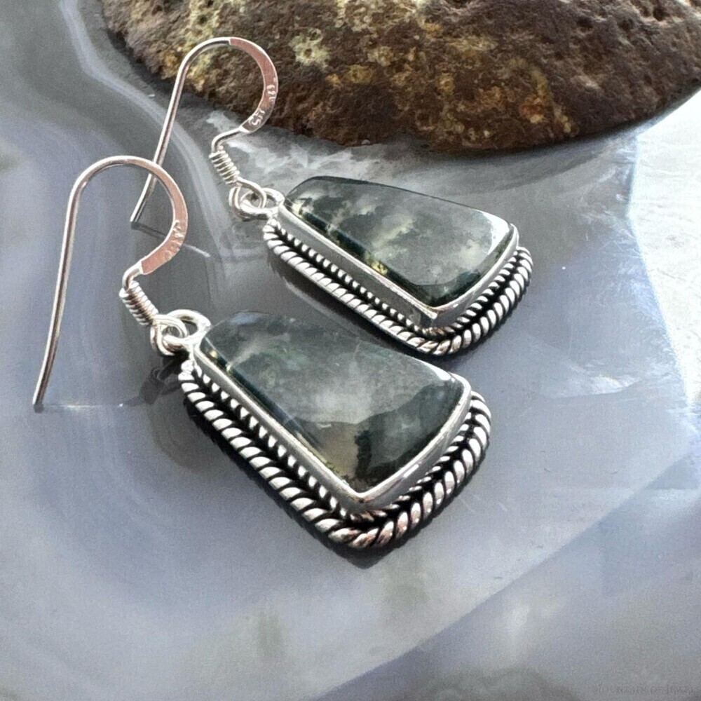 Sterling Southwestern Style Trapezoid Moss Agate Dangle Earrings For Women - Picture 3 of 10